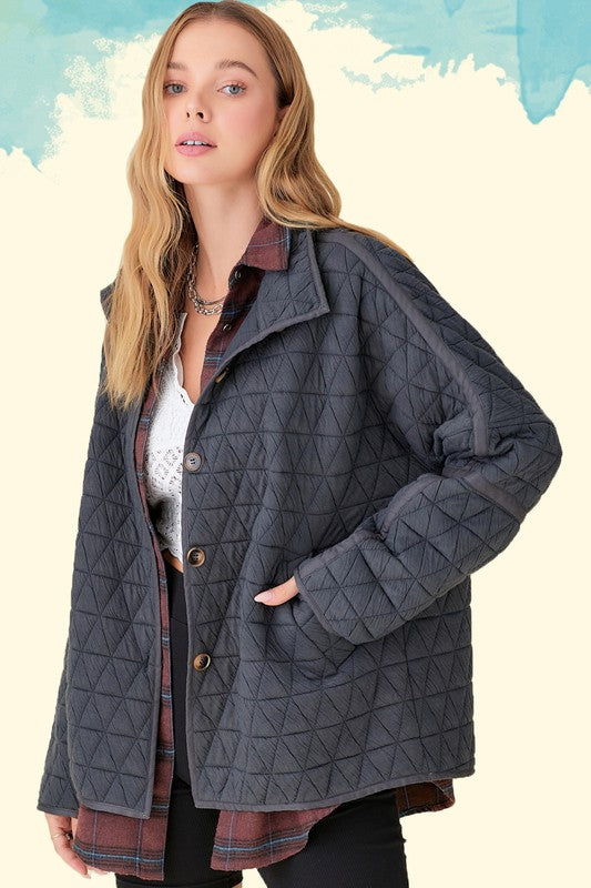 LA MIEL Rosie Oversized Fit Buttoned Quilted Jacket with Pockets