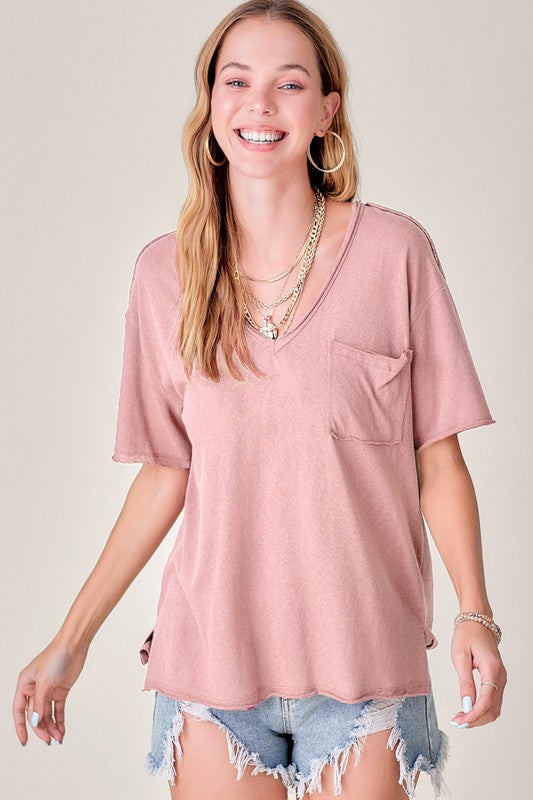 LA MIEL Halsey Pleated Back Detail High-Low Hem Top with Patch Pocket