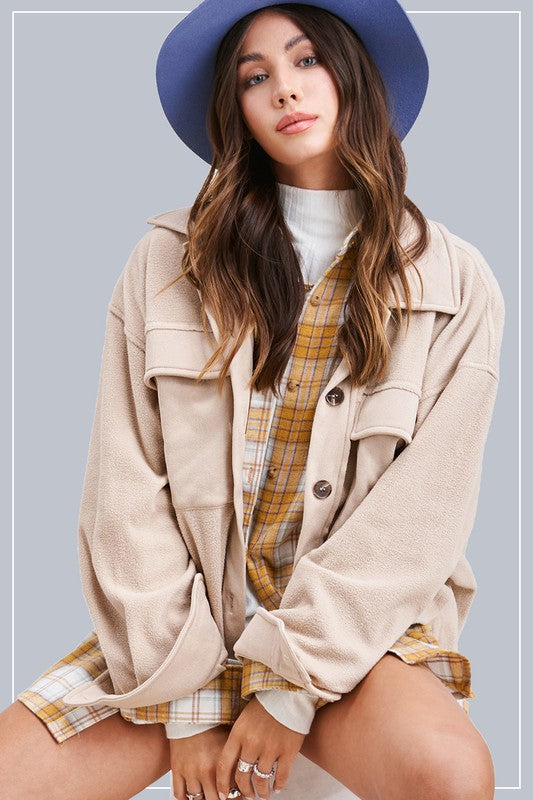 LA MIEL Matilda Oversized Fit Button Up Front Shacket with Pockets