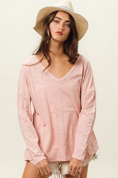 BiBi Exposed Seam V-Neck Long Sleeves Relaxed Fit T-Shirt