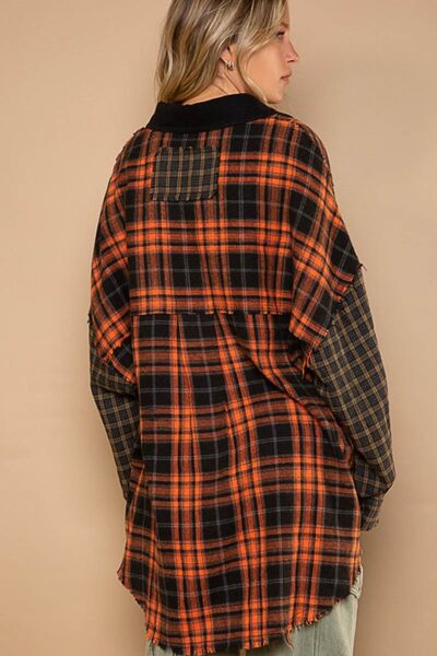 POL Plaid Contrast Long Sleeves Raw Hem Shacket with Chest Pockets