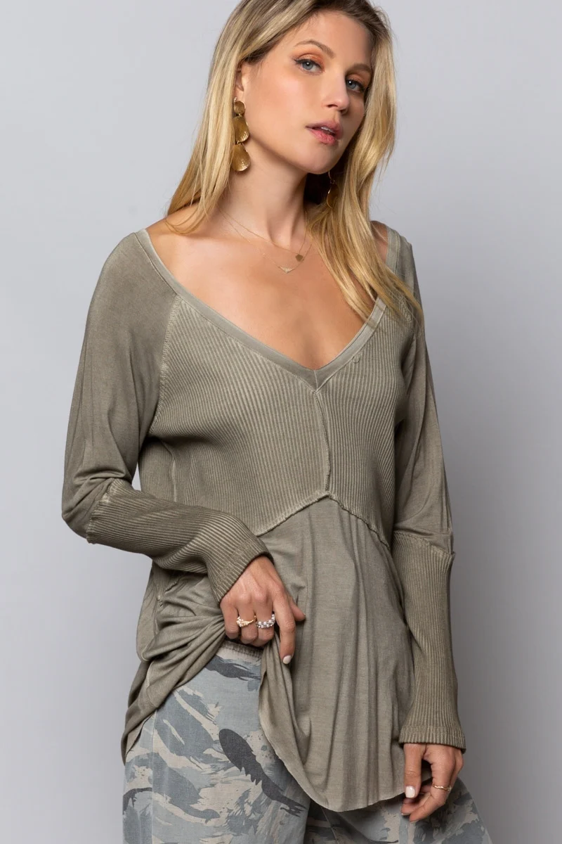 POL Oversized Fit Light Wash Rib Textured Detail Long Sleeves Top