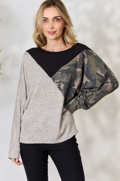 BiBi Brushed Hacci Color Block Round Neck Long Sleeves Top