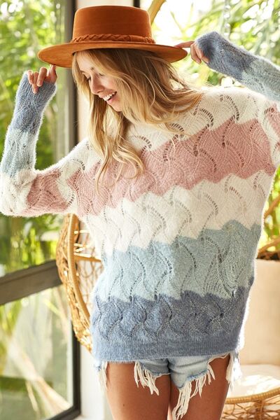 BiBi Color Block Design Openwork Long Sleeves Pullover Sweater