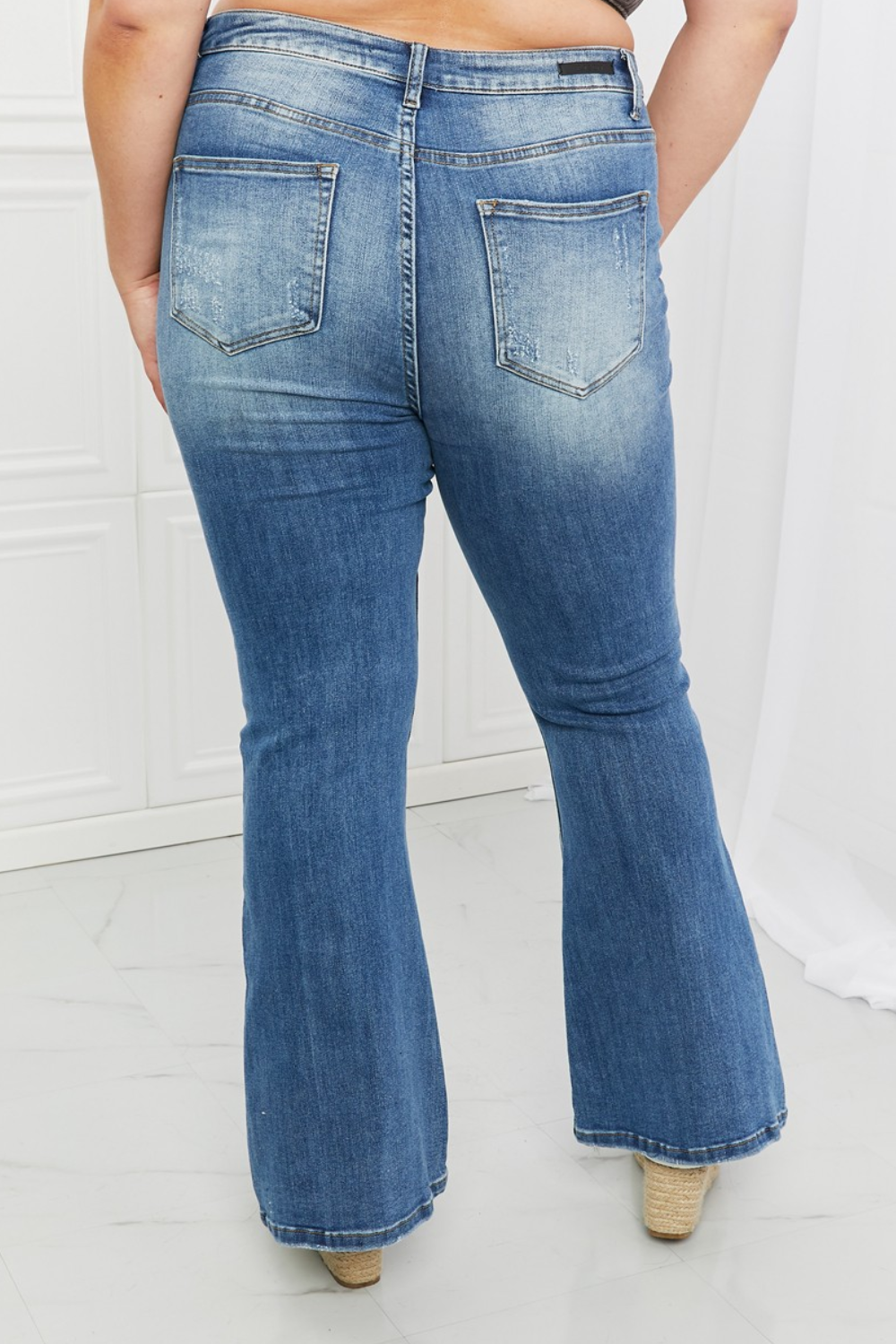 RISEN Full Size Iris High Waisted Distressed Flare Jeans in Medium Wash