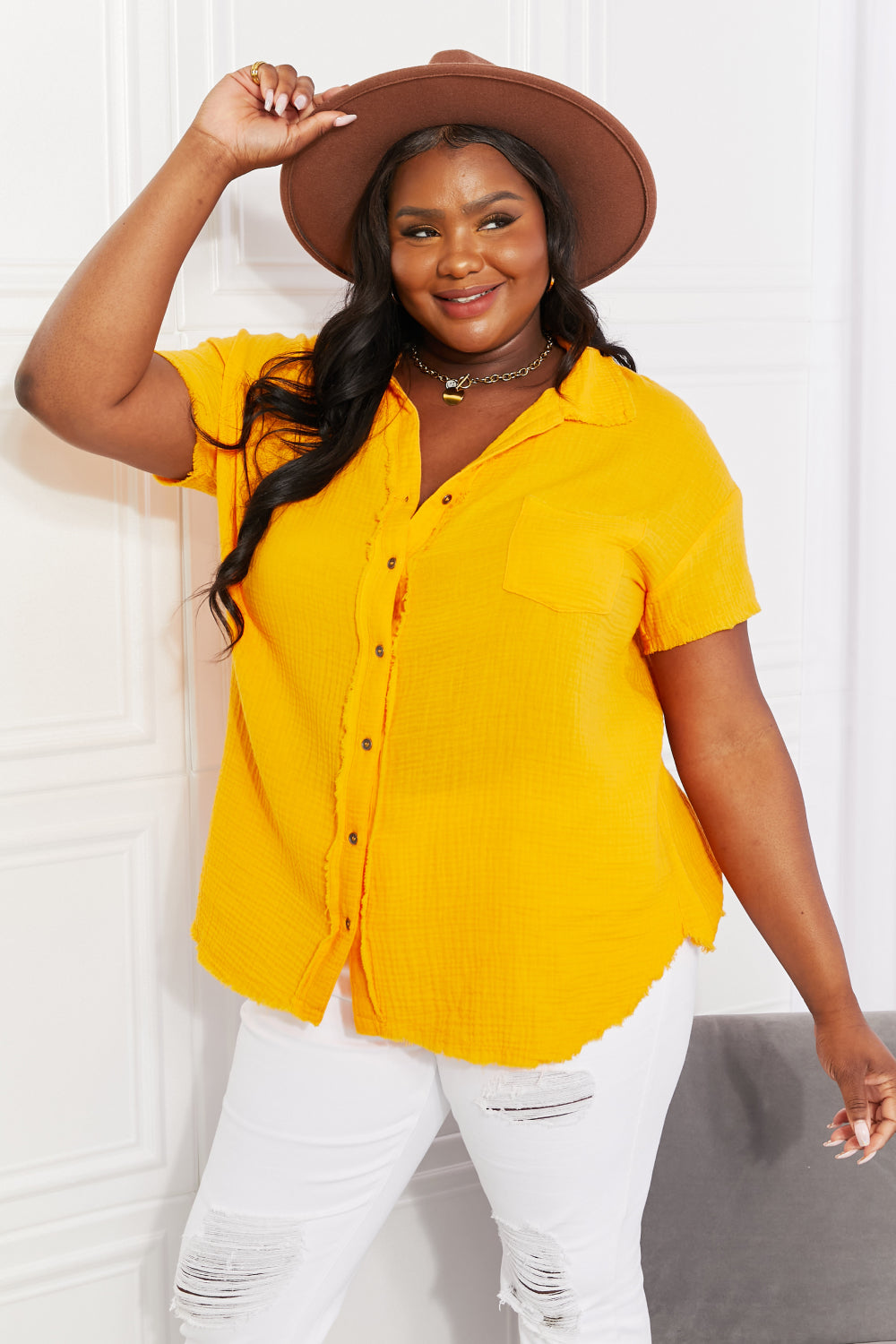 ZENANA Full Size Summer Breeze Gauze Short Sleeves Shirt in Mustard