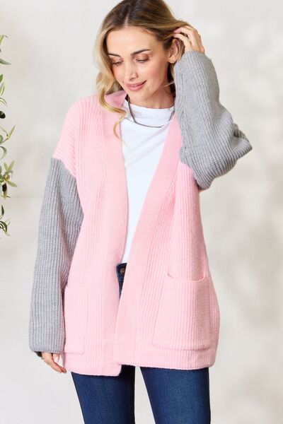 BiBi Contrast Relaxed Fit Open Front Cardigan with Pockets