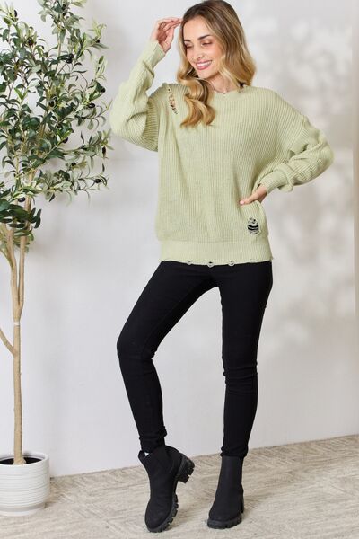 BiBi Distressed Detail Round Neck Long Sleeves Pullover Sweater