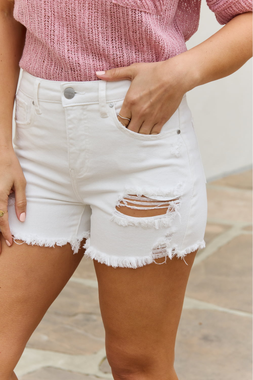 RISEN Lily High Waisted Distressed Shorts in White