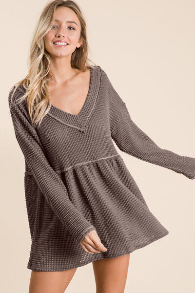 BiBi Waffle Knit V-Neck Long Sleeves Relaxed Fit Babydoll Blouse