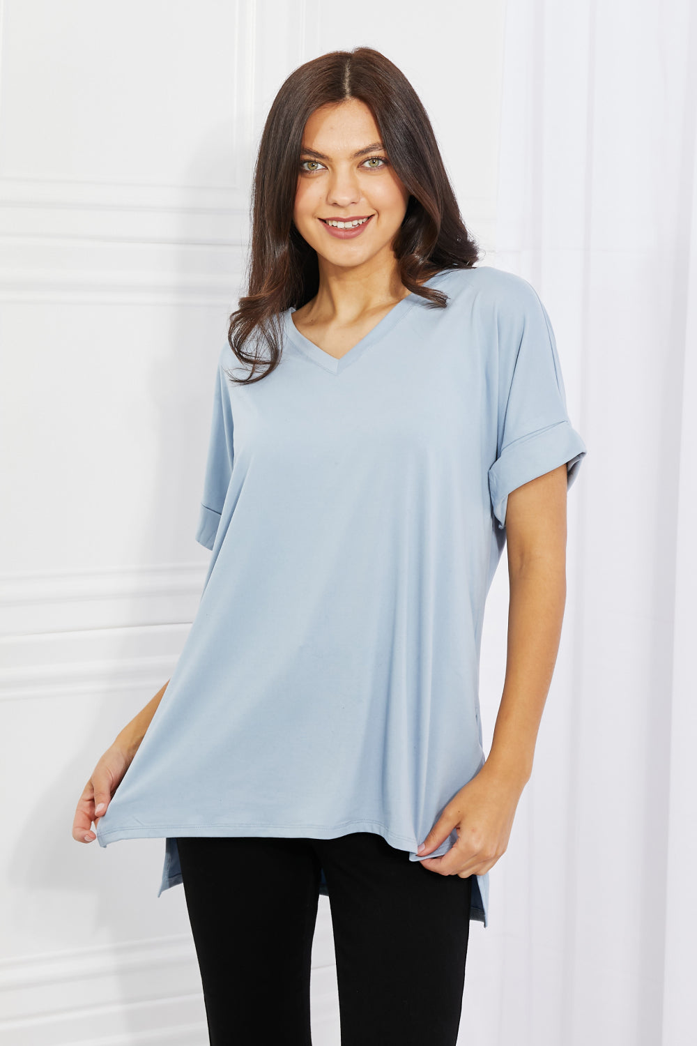 ZENANA Simply Comfy Full Size V-Neck Loose Fit T-Shirt in Misty Blue