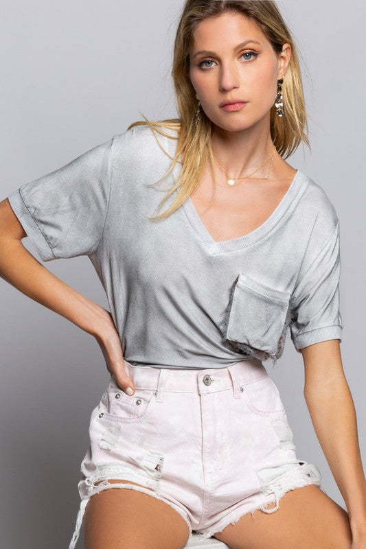 POL Girly Meets Basic V-Neckline Short Sleeves Top with Chest Pocket