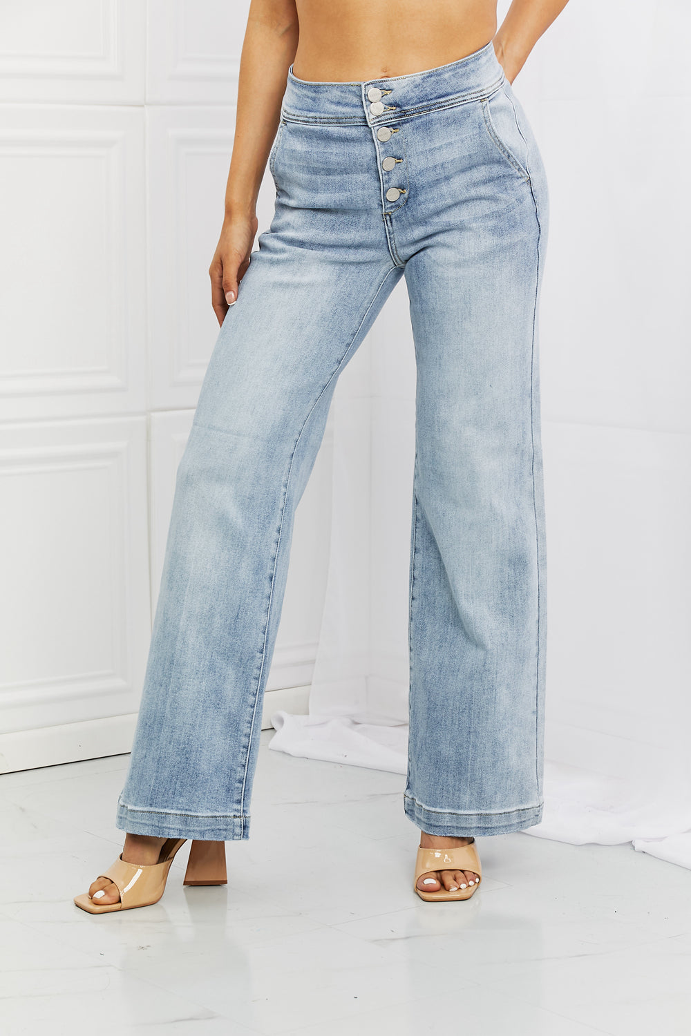 RISEN Full Size Luisa Wide Flare Jeans with Button Closure in Light Wash