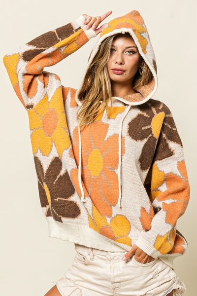 BiBi Flower Pattern Long Sleeves Drawstring Hooded Sweater
