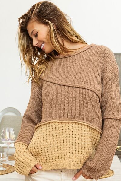 BiBi Texture Detail Contrast Drop Shoulders Long Sleeves Pullover Sweater