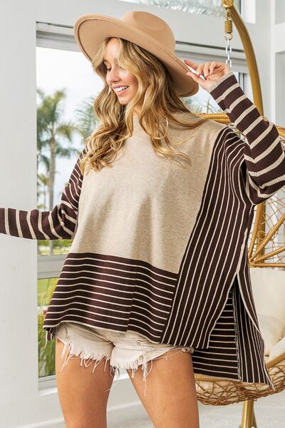BiBi Striped Contrast Long Sleeves Side Slit Oversized Pullover Top