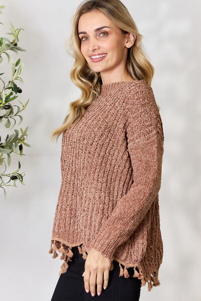 BiBi Tassel Trim Detail Round Neck Long Sleeves Pullover Sweater