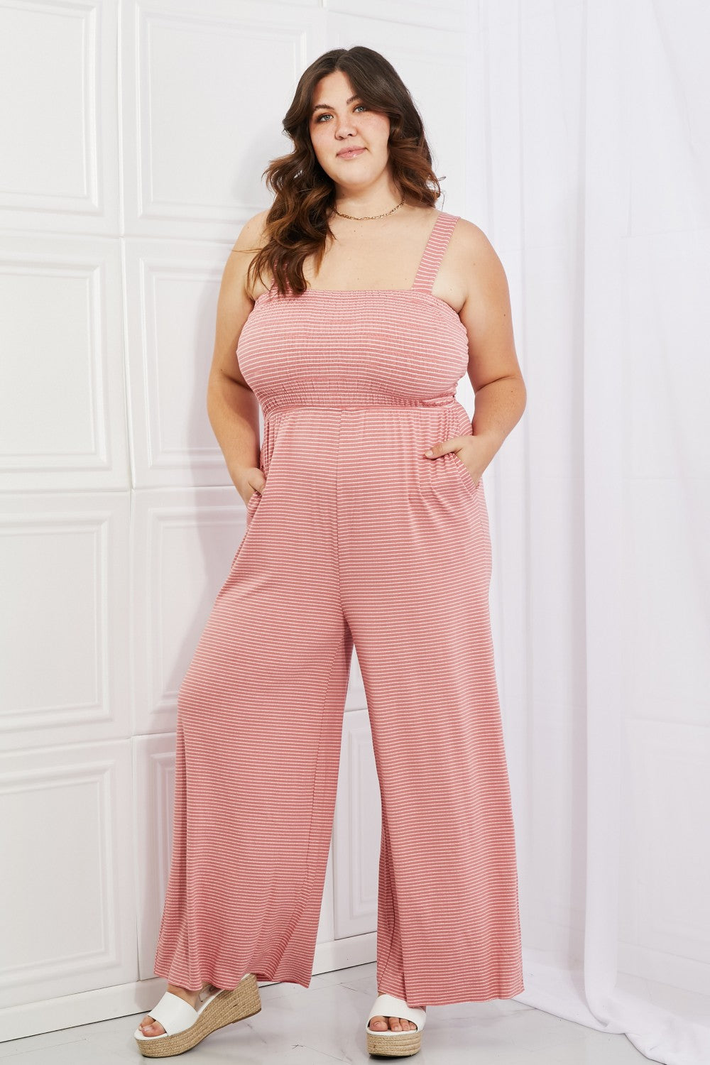 ZENANA Only Exception Full Size Striped Jumpsuit in Dusty Pink