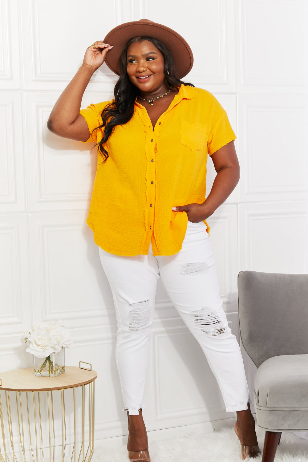 ZENANA Full Size Summer Breeze Gauze Short Sleeves Shirt in Mustard