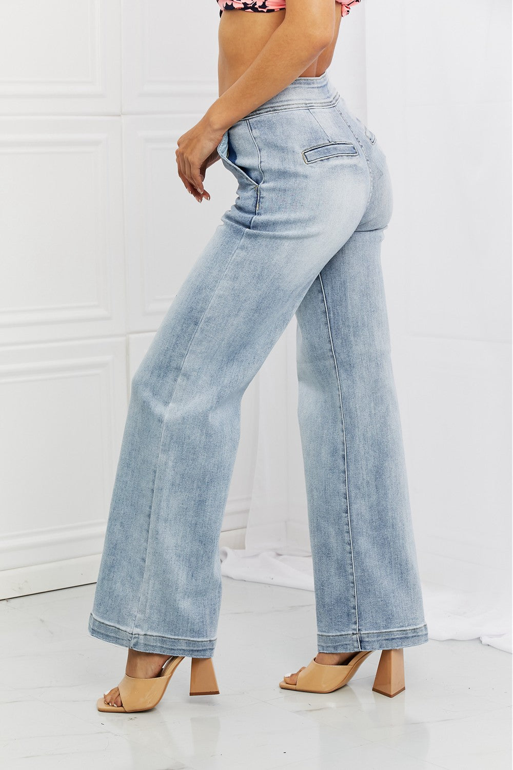 RISEN Full Size Luisa Wide Flare Jeans with Button Closure in Light Wash