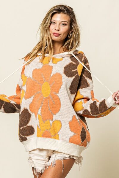 BiBi Flower Pattern Long Sleeves Drawstring Hooded Sweater