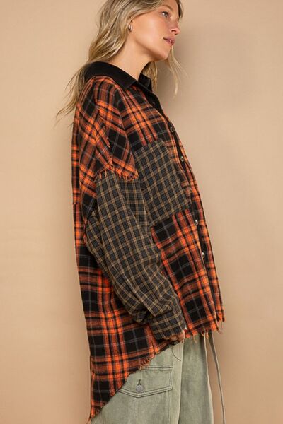 POL Plaid Contrast Long Sleeves Raw Hem Shacket with Chest Pockets