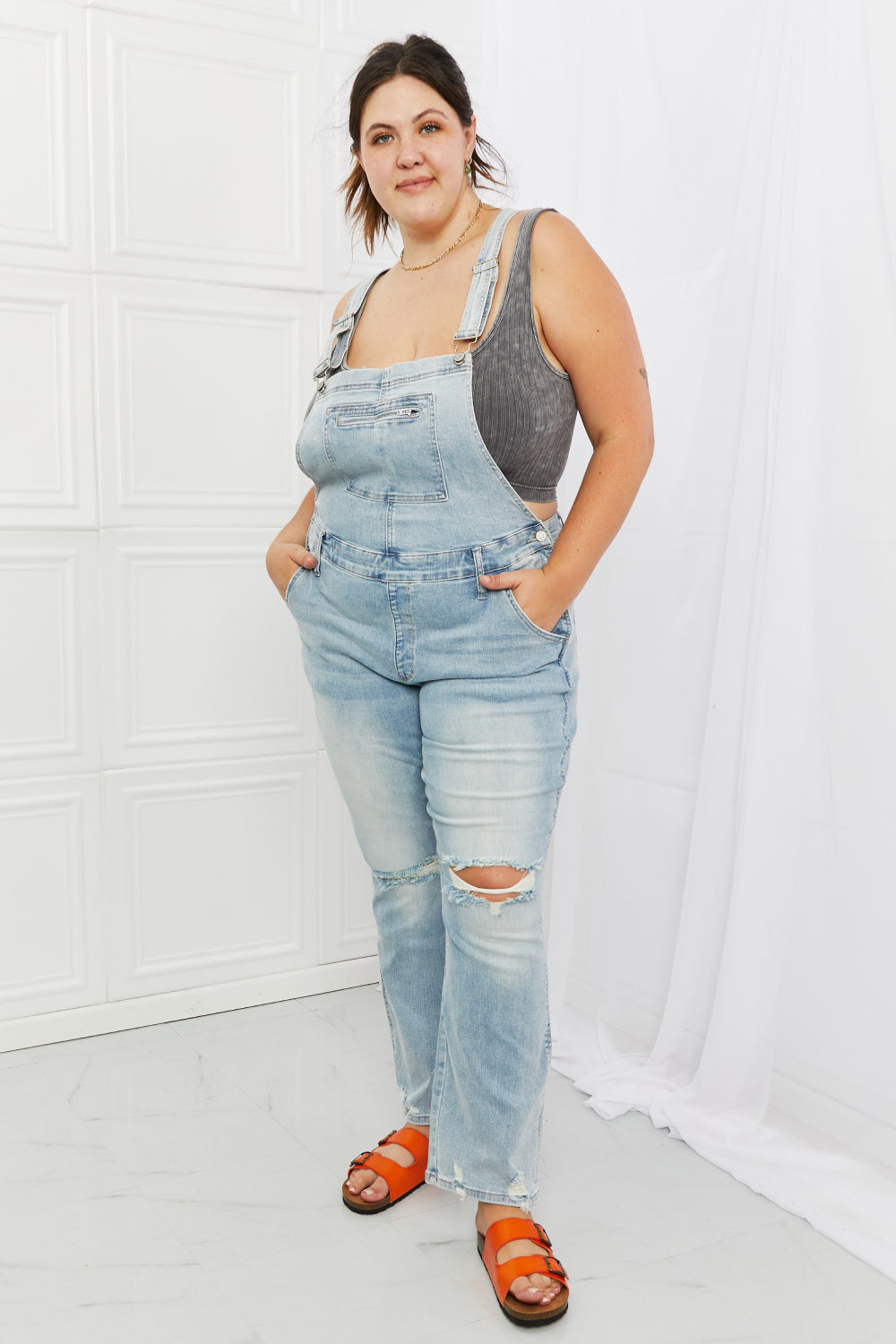 JUDY BLUE Melina Full Size Distressed Straight Leg Overalls in Light Wash