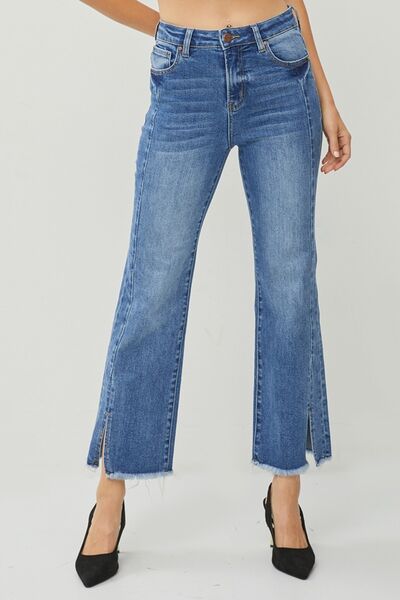 RISEN High Waist Raw Hem Front Slit Cropped Straight Jeans | Dark Wash