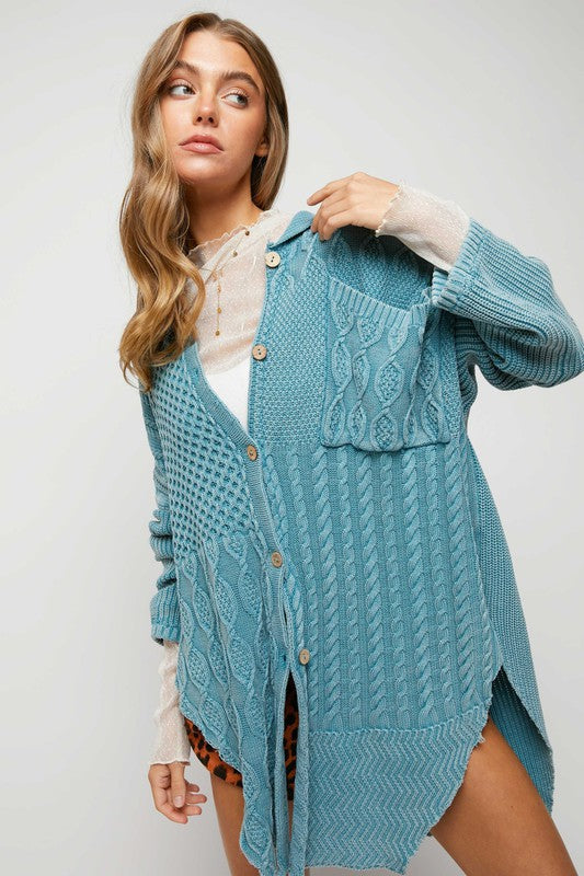 DAVI & DANI Solid Button Down Side Slits Cardigan with Chest Pocket