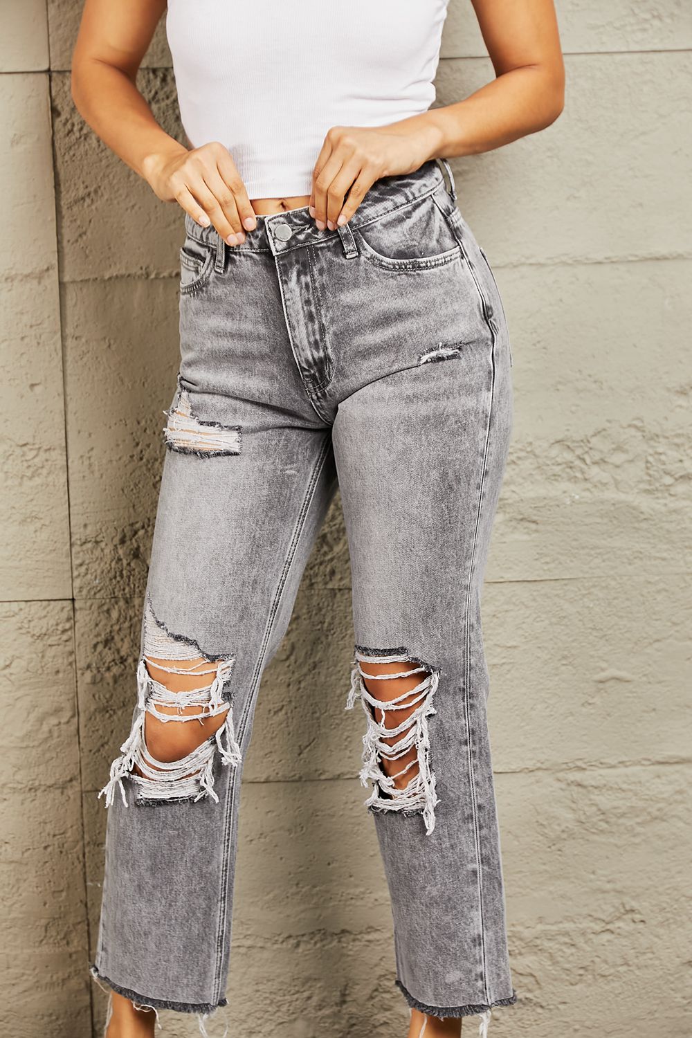 BAYEAS Acid Wash Distressed Detailing Cropped Straight Jeans