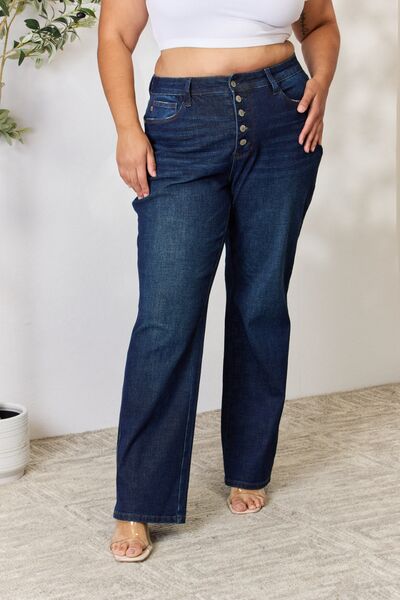 Judy Blue Full Size High Rise Dark Wash Button Fly Straight Jeans