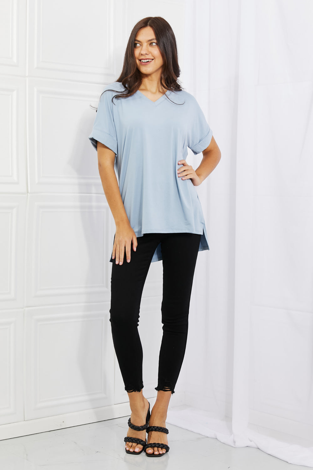 ZENANA Simply Comfy Full Size V-Neck Loose Fit T-Shirt in Misty Blue