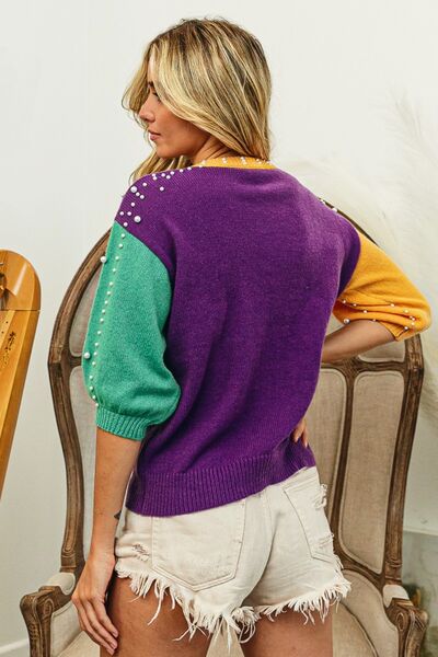 BiBi Color Block Pearl Detail Round Neck Pullover Sweater