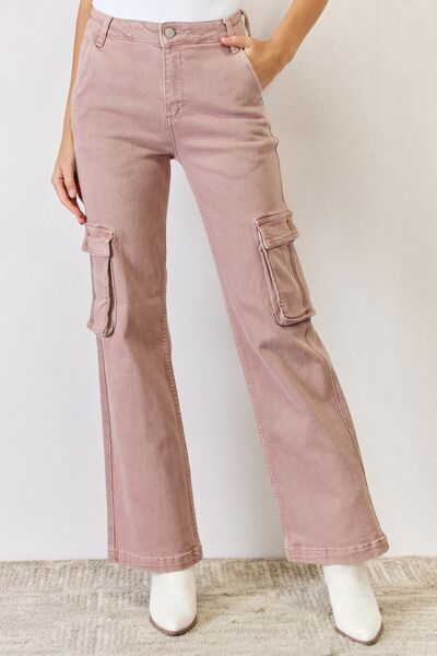 RISEN Full Size High Rise Cargo Pockets Zipper Fly Wide Leg Jeans