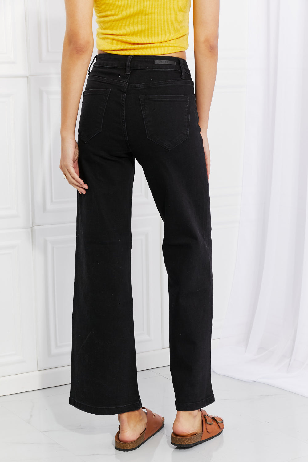 RISEN Amanda Midrise Wide Leg Jeans with Pockets in Black